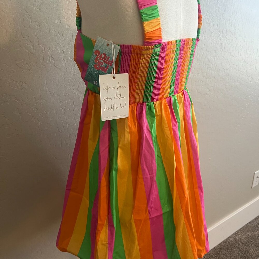 Show Me Your MuMu Neon Pink Green Orange Striped Mini Dress - Picture 9 of 15